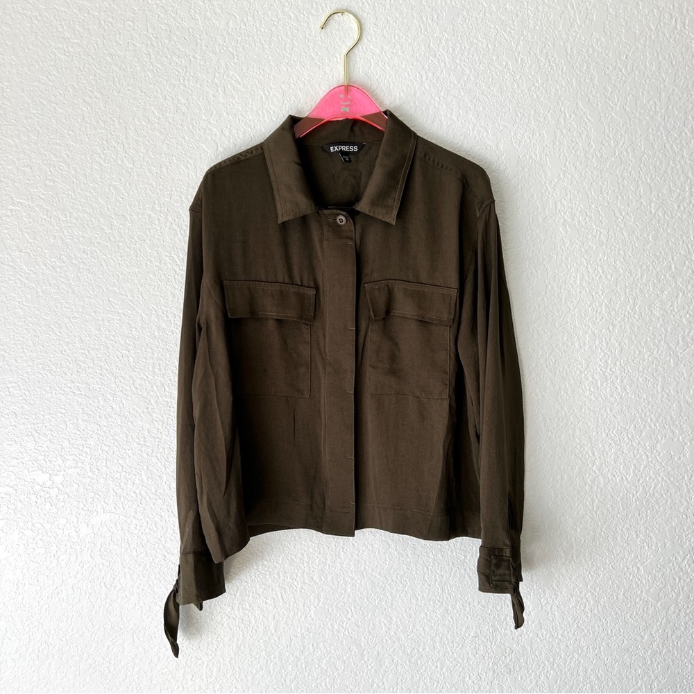 Express Utility Green Satin Button Up Long Sleeve… - image 1
